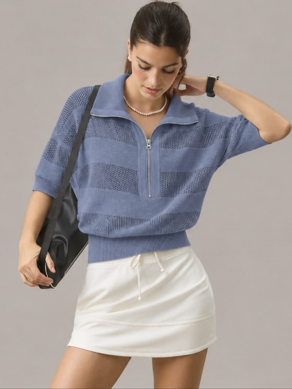 Varley Kembria Half Zip Knit Top Blue Stripe Open Knit Sweater Short Sleeve Sz M